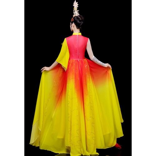Women yellow with red chinese folk dance dresses flamenco spanish bull dance skirts stage opening chorus ballroom dance dresses